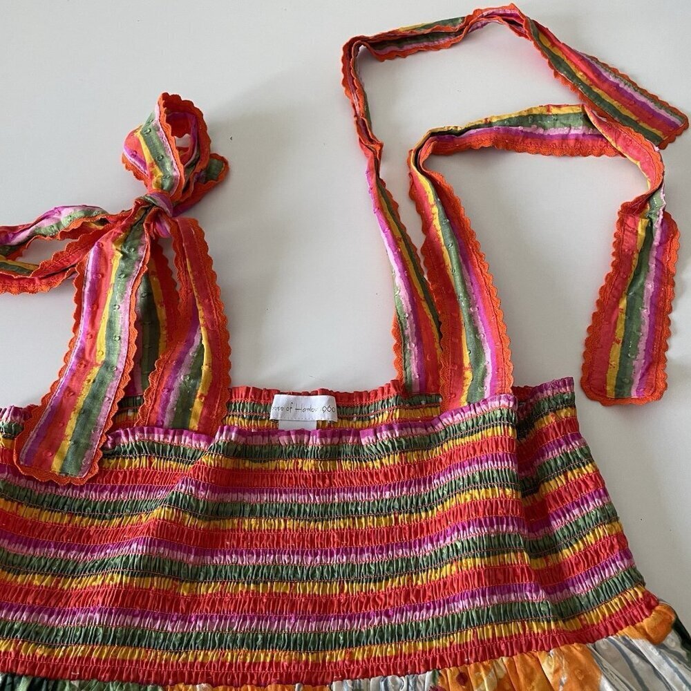 House Of Harlow 1960 Revolve Tropical Fruit Colorful Smocked Tiered Maxi Dress L - Picture 11 of 13